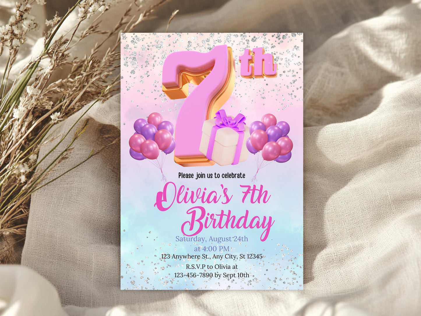Glitter Rainbow 7th Birthday Invitation Template (Digital Download)