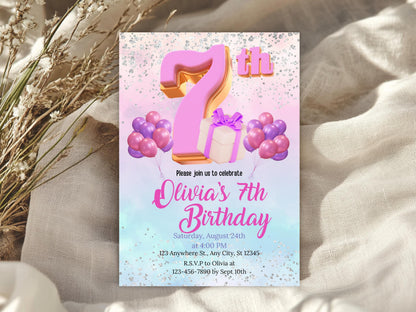 Glitter Rainbow 7th Birthday Invitation Template (Digital Download)