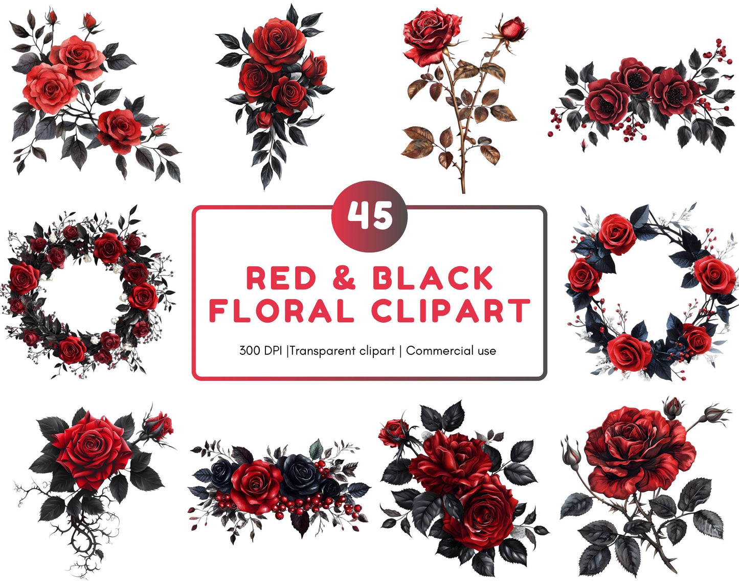 Red Roses Clipart Bundle, Watercolor Black Flower PNG (Digital Download)