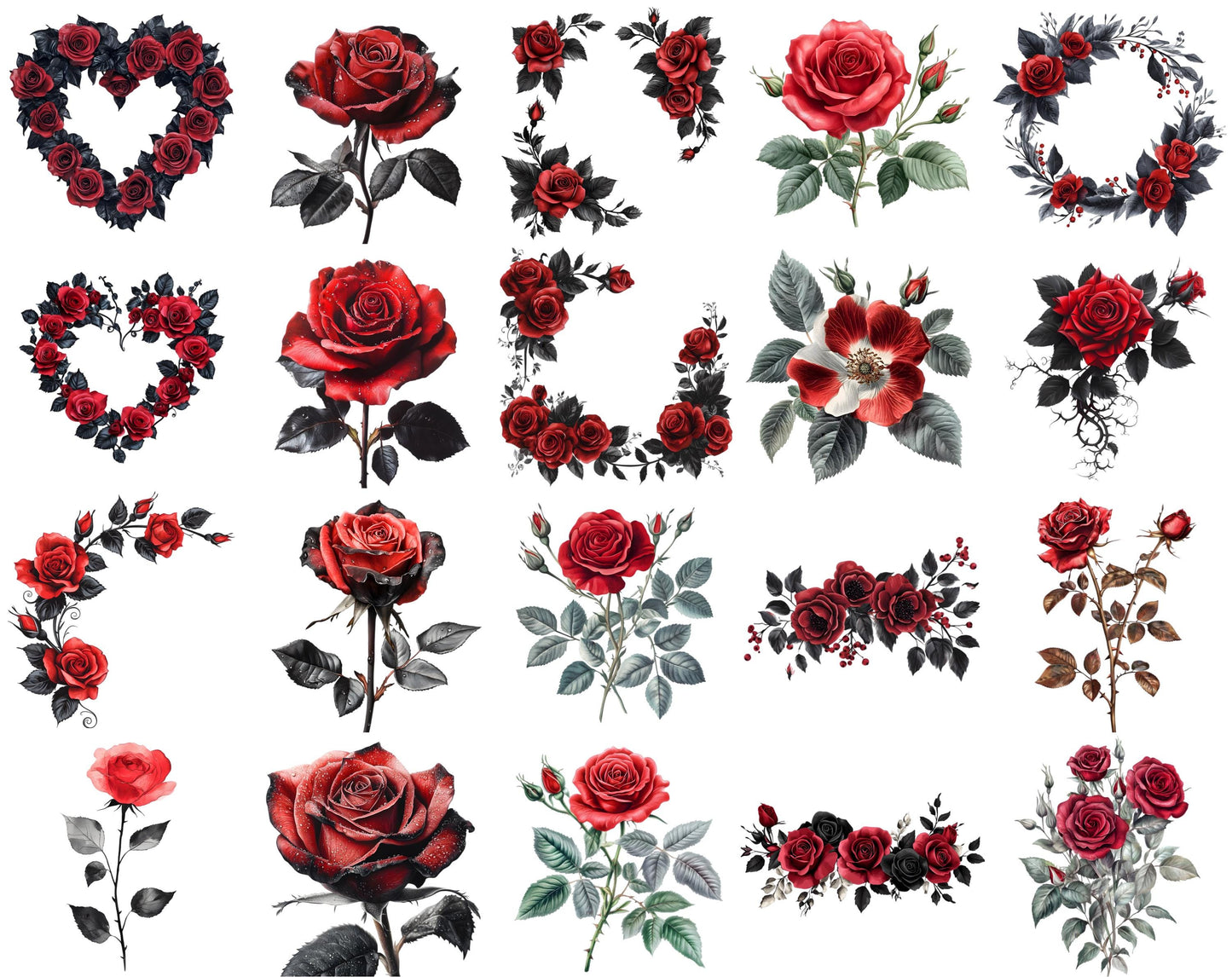 Red Roses Clipart Bundle, Watercolor Black Flower PNG (Digital Download)