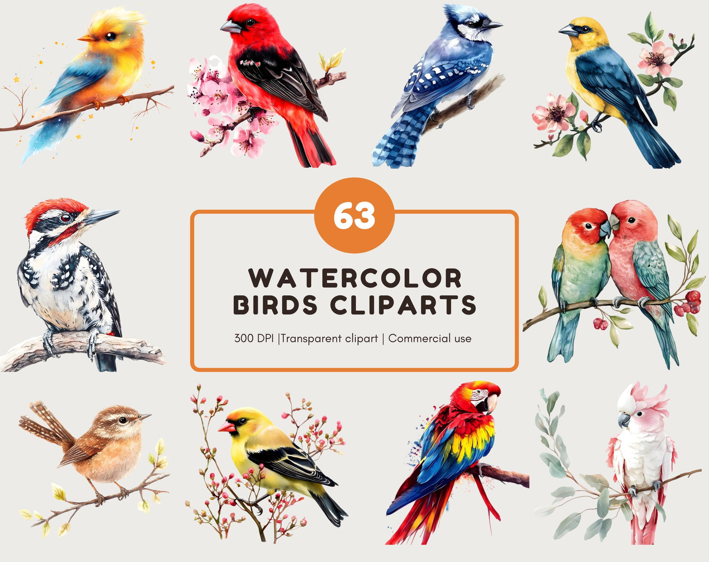 Watercolor Bird Clipart Bundle, Quirky Spring Birds (Digital Download)