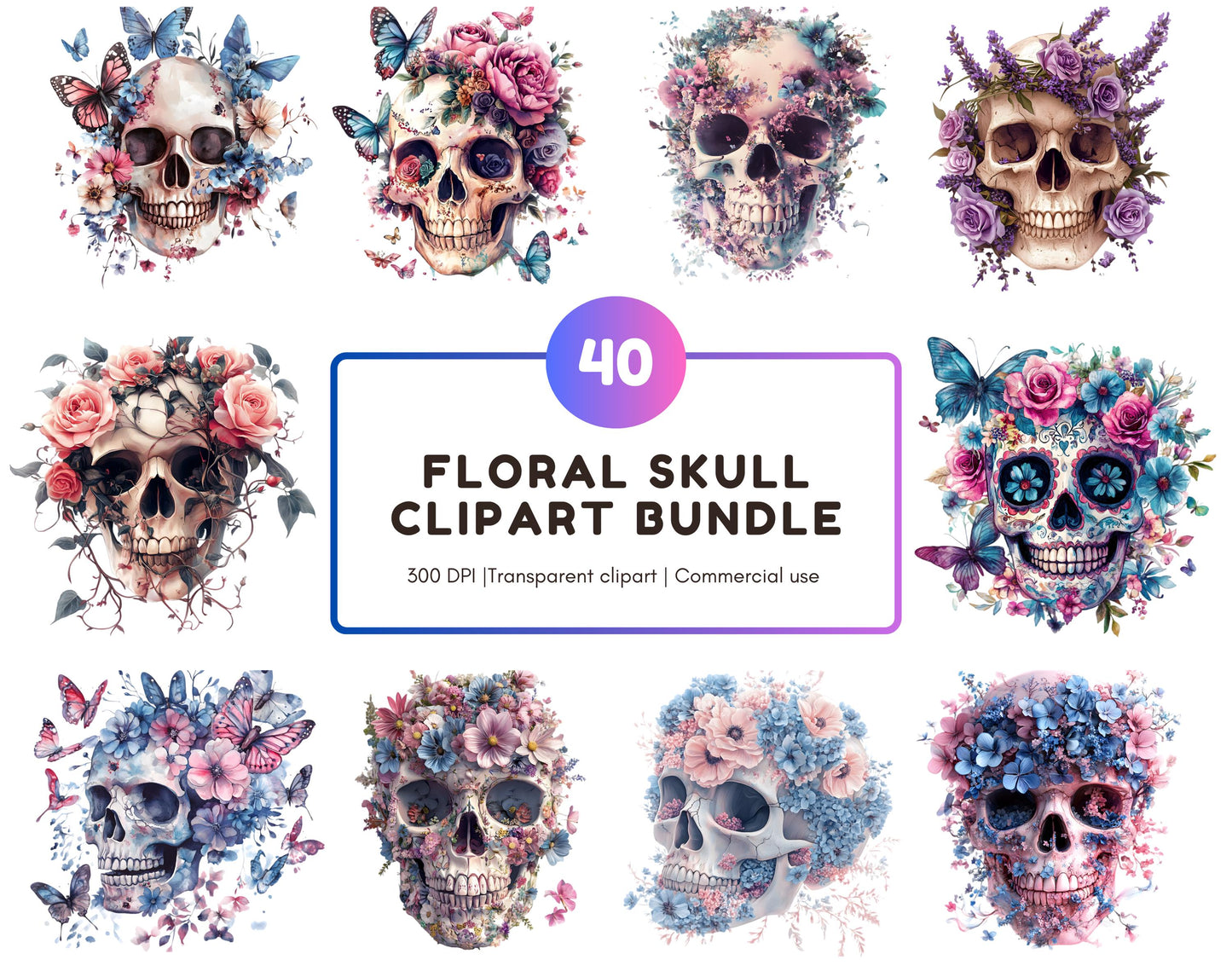 Floral Skull Clipart Bundle, High-Resolution PNG (4096x4096px)