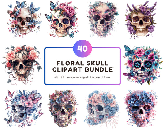 Floral Skull Clipart Bundle, High-Resolution PNG (4096x4096px)