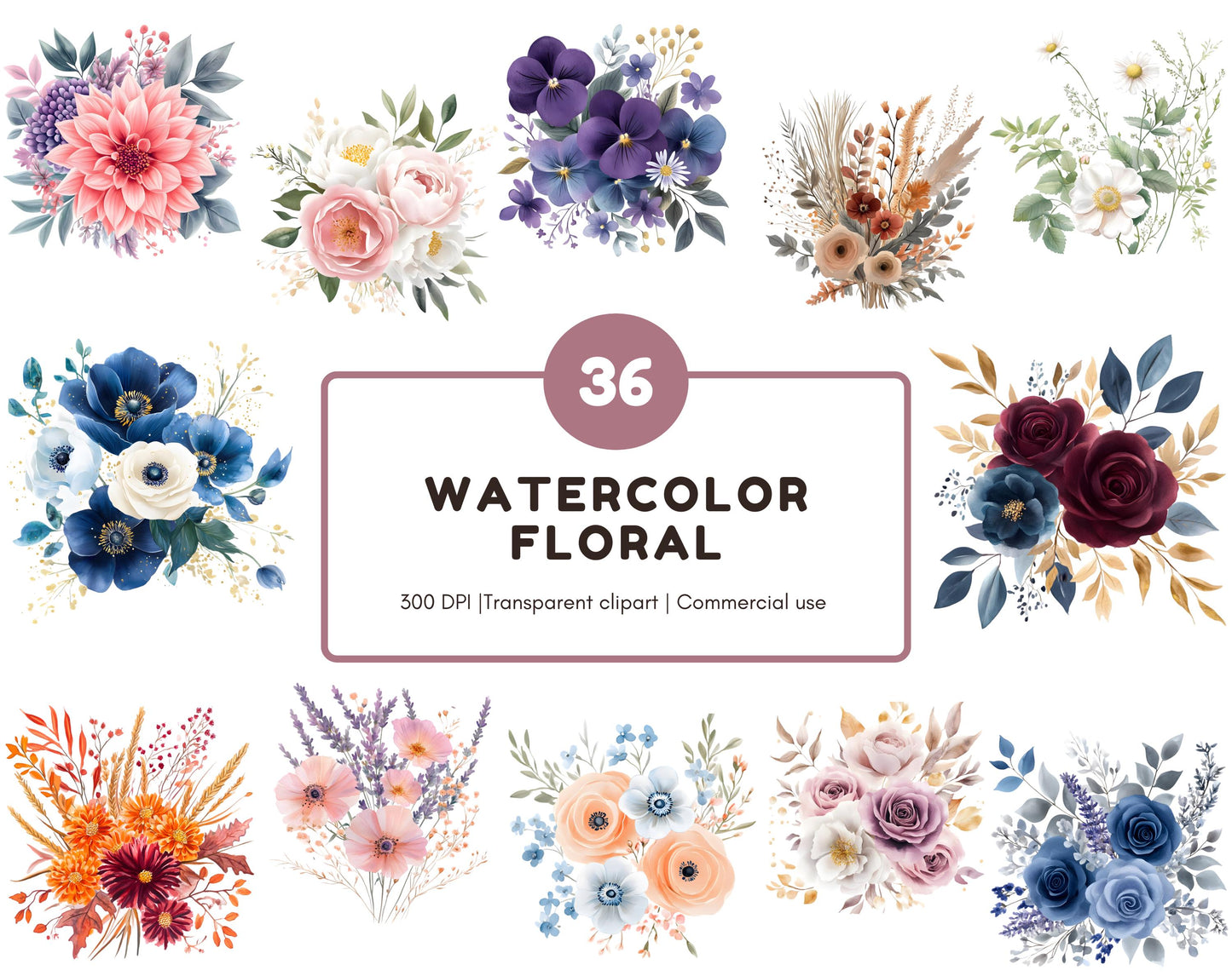 Watercolor Flowers Clipart Bundle, Floral Elements (PNG, 300 DPI)