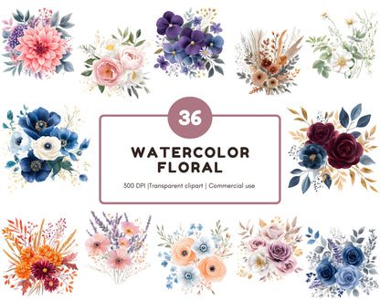 Watercolor Flowers Clipart Bundle, Floral Elements (PNG, 300 DPI)