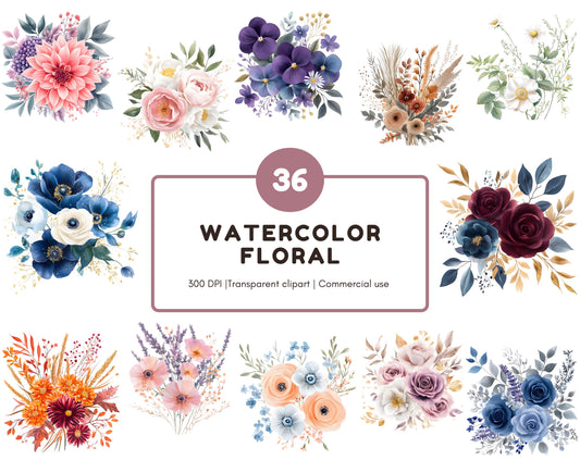 Watercolor Flowers Clipart Bundle, Floral Elements (PNG, 300 DPI)