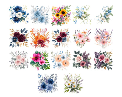 Watercolor Flowers Clipart Bundle, Floral Elements (PNG, 300 DPI)