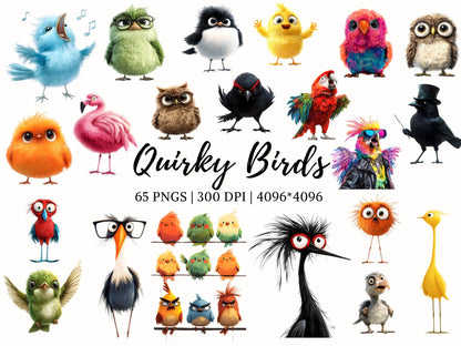 Watercolor Quirky Birds Clipart png Bundle, Funny Bird Clipart, Crazy Bird Clipart png, Whimsical Bird Clipart, Whimsy Bird png