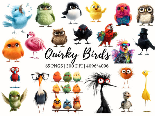 Watercolor Quirky Birds Clipart png Bundle, Funny Bird Clipart, Crazy Bird Clipart png, Whimsical Bird Clipart, Whimsy Bird png