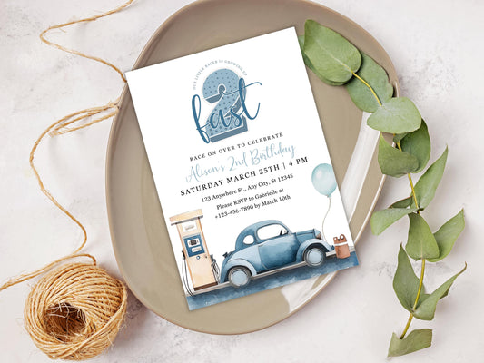 Two Fast 2nd Birthday Invitation: Vintage Racing Car (PDF)