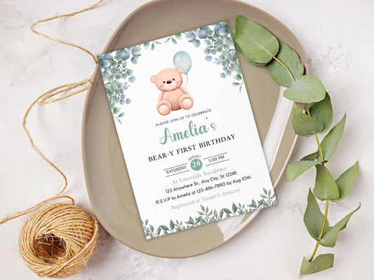 Greenery Teddy Bear 1st Birthday Invitation (Digital Download)