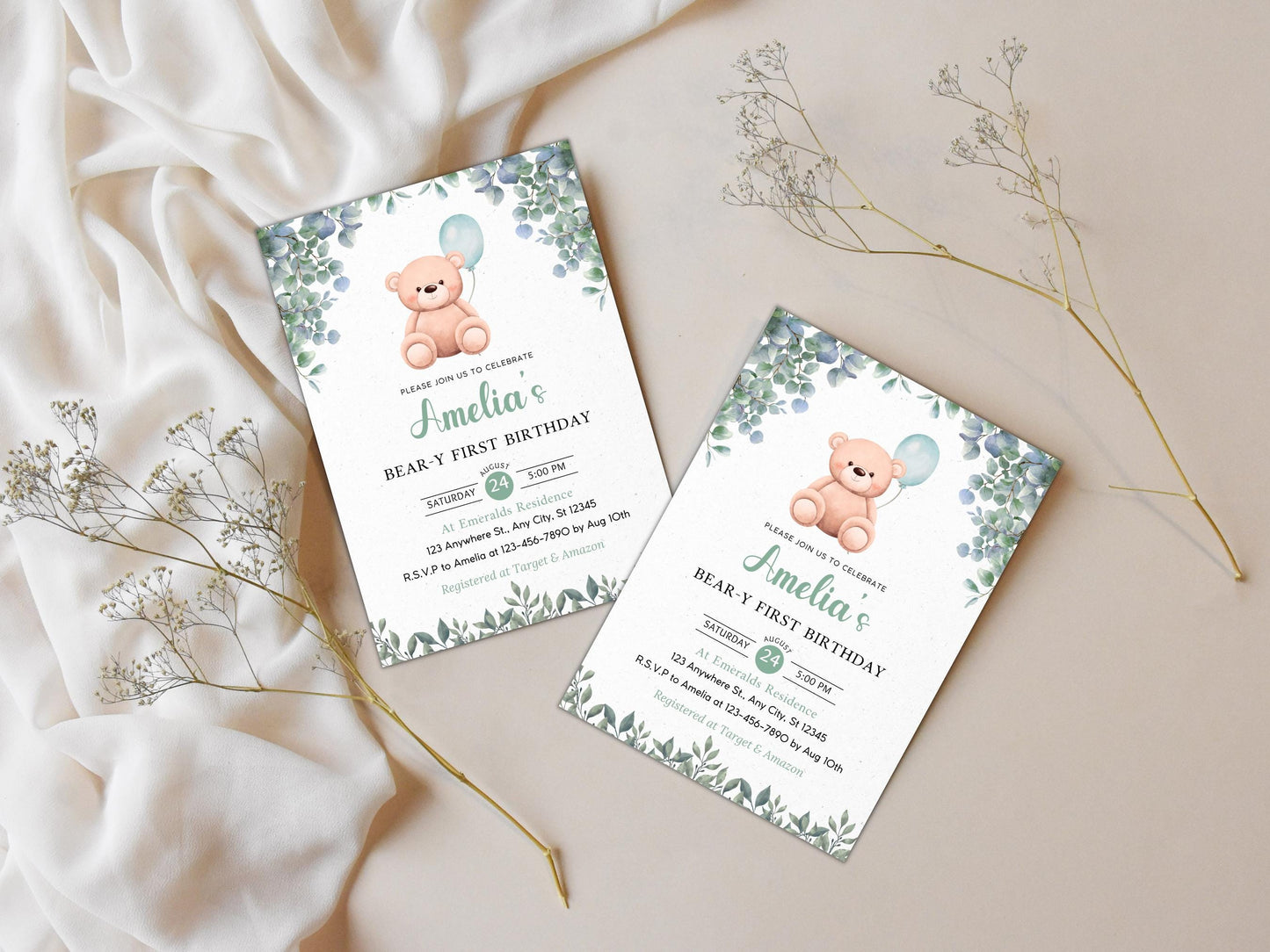 Einladung zum 1. Geburtstag mit Teddybär-Motiv (Digitaler Download)