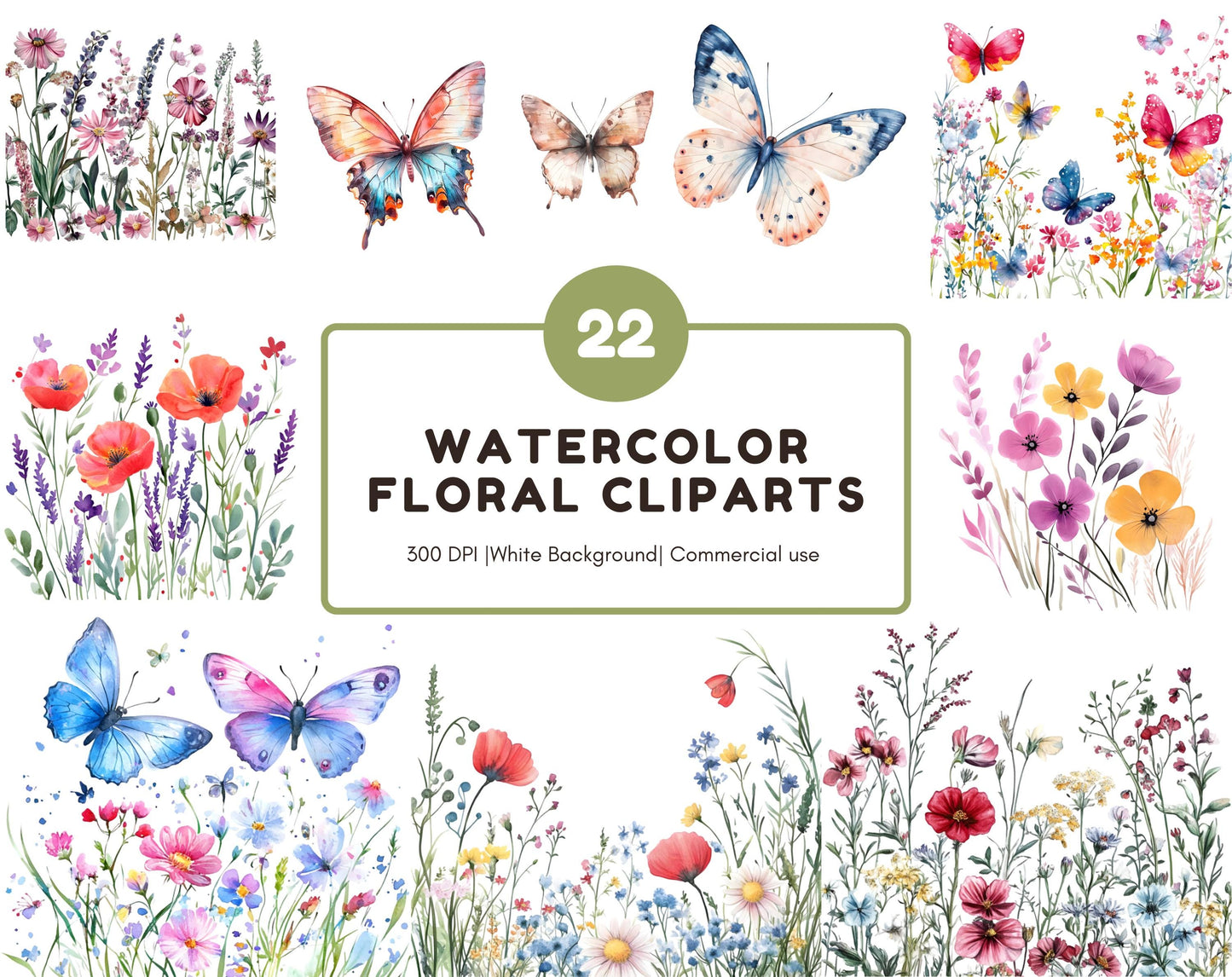 Aquarell-Wildblumen-Clipart-Bundle, Schmetterlingsblumen-PNG (Digitaler Download)