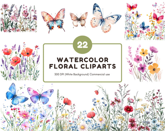 Watercolor Wildflower Clipart Bundle, Butterfly Floral PNG (Digital Download)