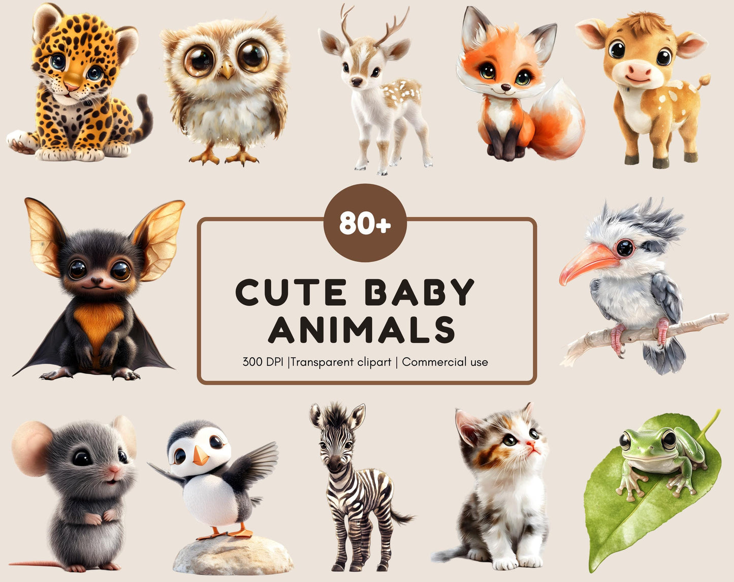 Watercolor Baby Animal Clipart Bundle, Nursery Art (PNG Digital Download)
