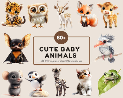 Watercolor Baby Animal Clipart Bundle, Nursery Art (PNG Digital Download)