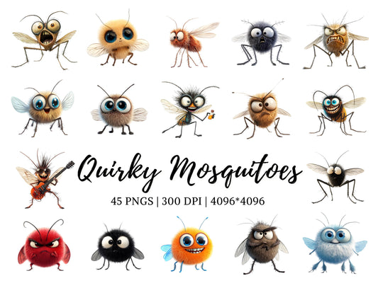 Funny Mosquito Clipart png Bundle, Cute Mosquito Insect Clipart png, Watercolor Quirky Mosquito Clipart, Quirky Insect Clipart png Bundle