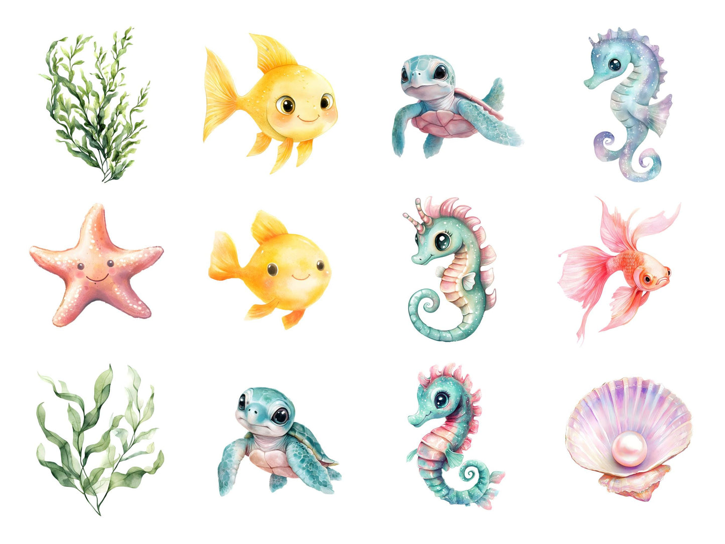 Aquarell-Unterwasser-Clipart-Bundle (PNG), Pastell-Unterwasser-Clipart (PNG), Unterwassertier-Clipart, Meerjungfrauen-Clipart, Unterwasserwesen-Clipart