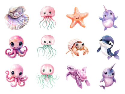 Aquarell-Unterwasser-Clipart-Bundle (PNG), Pastell-Unterwasser-Clipart (PNG), Unterwassertier-Clipart, Meerjungfrauen-Clipart, Unterwasserwesen-Clipart