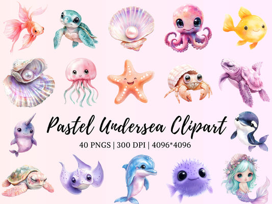Watercolor Undersea Clipart png Bundle, Pastel Undersea Clipart png, Underwater Animal Clipart, Mermaid Clipart, Underwater Creature Clipart