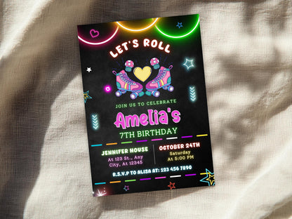 Bearbeitbare Einladung zum Skate-Geburtstag, Neon-Glow-Party (PDF)