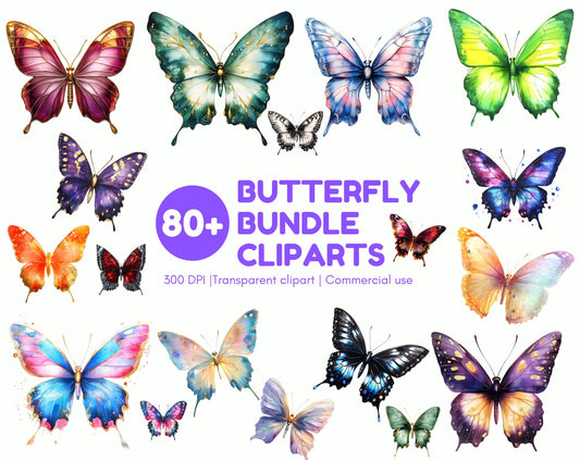 Watercolor Butterfly Clipart Bundle, Rainbow & Neon PNG (Digital Download)