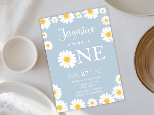 Einladung zum ersten Geburtstag mit Gänseblümchenmotiv: Bearbeitbare Einladung zur Blumenparty (Digitaler Download)