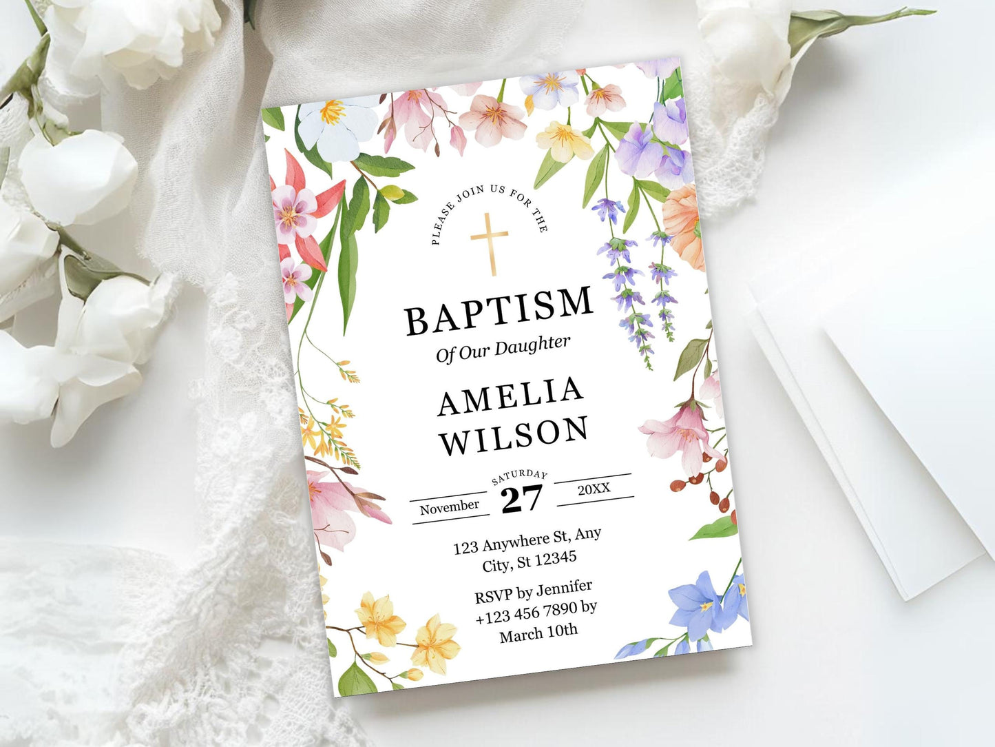 Wildflower Baptism Invitation Template: Greenery Christening Evite (Printable)