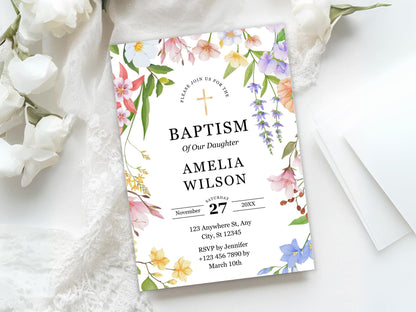 Wildflower Baptism Invitation Template: Greenery Christening Evite (Printable)