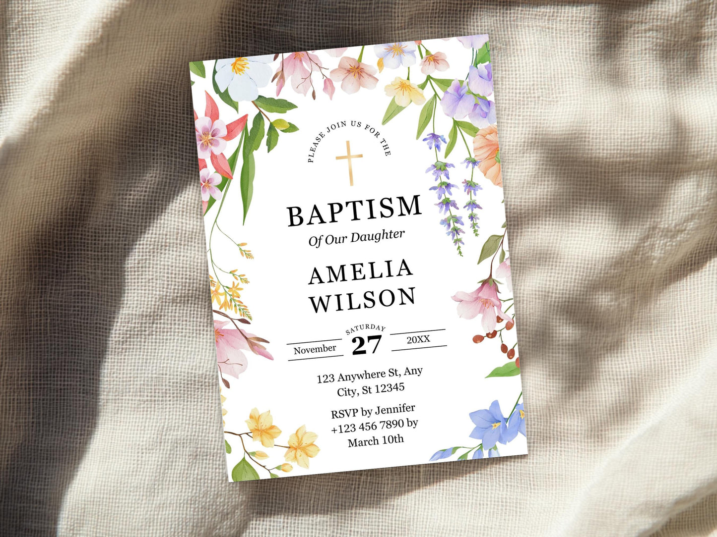 Wildflower Baptism Invitation Template: Greenery Christening Evite (Printable)