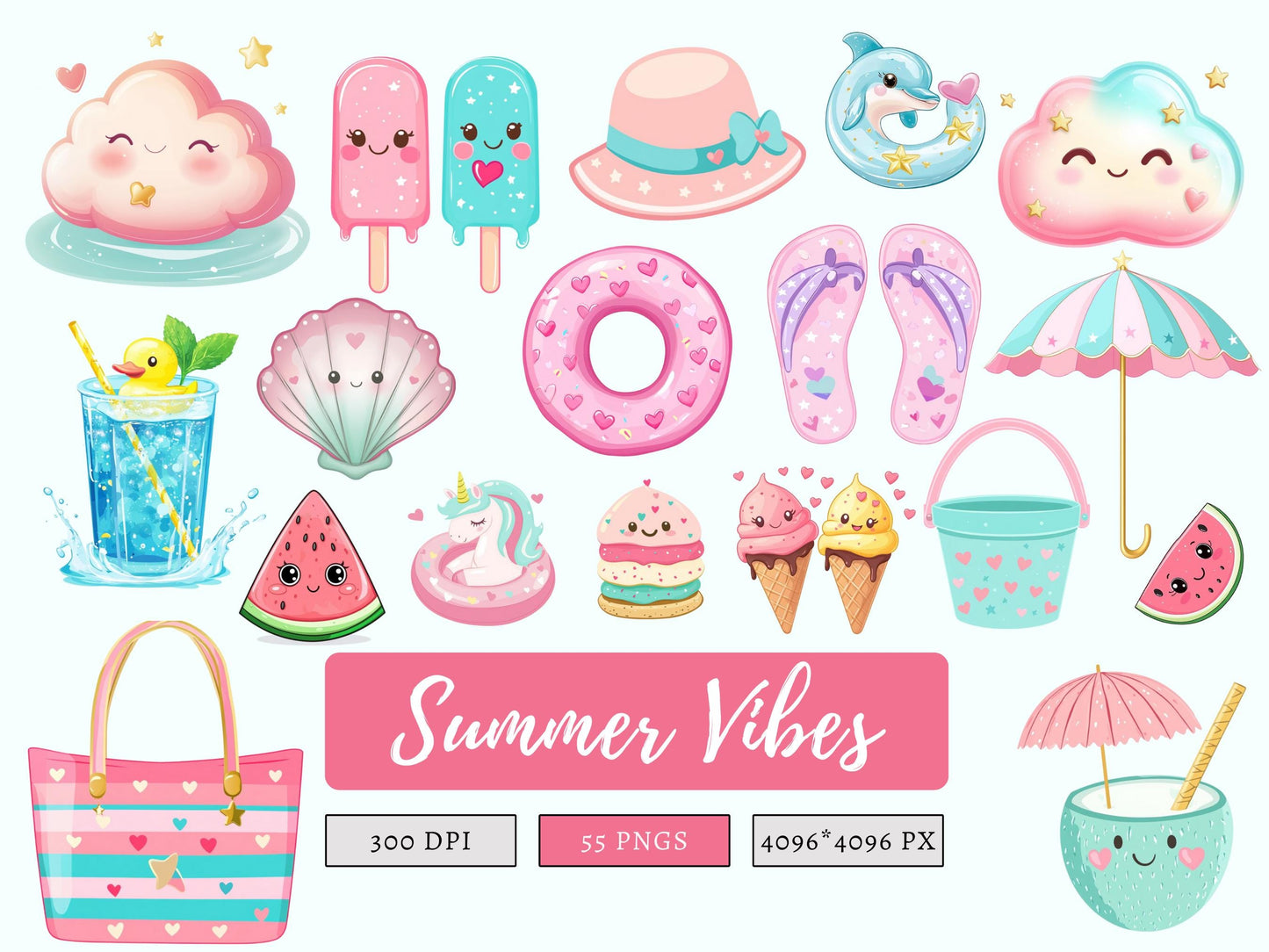 Summer Vibes Clipart png Bundle, Summer Clipart png, Watercolor Beach Clipart, Watercolor Pool Party Clipart, Vacation Clipart png Bundle