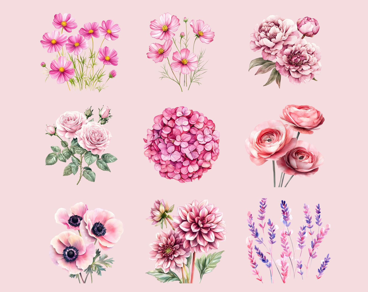 Clipart-Bundle mit rosafarbenen Schmetterlingen und Gartenblumen (Digitaler Download)
