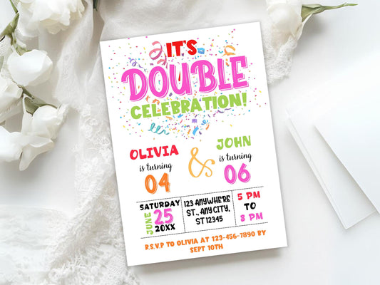Vorlage für eine bearbeitbare gemeinsame Geburtstagseinladung: Doppelte Feier (PDF)