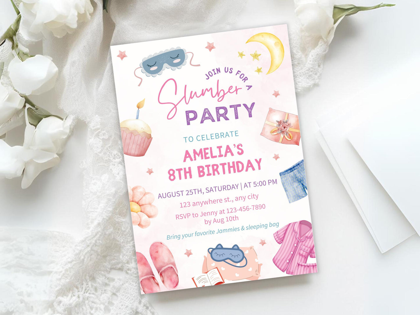 Slumber Party Invitation: Pink Spa Birthday, Tween Sleepover (Digital Download)