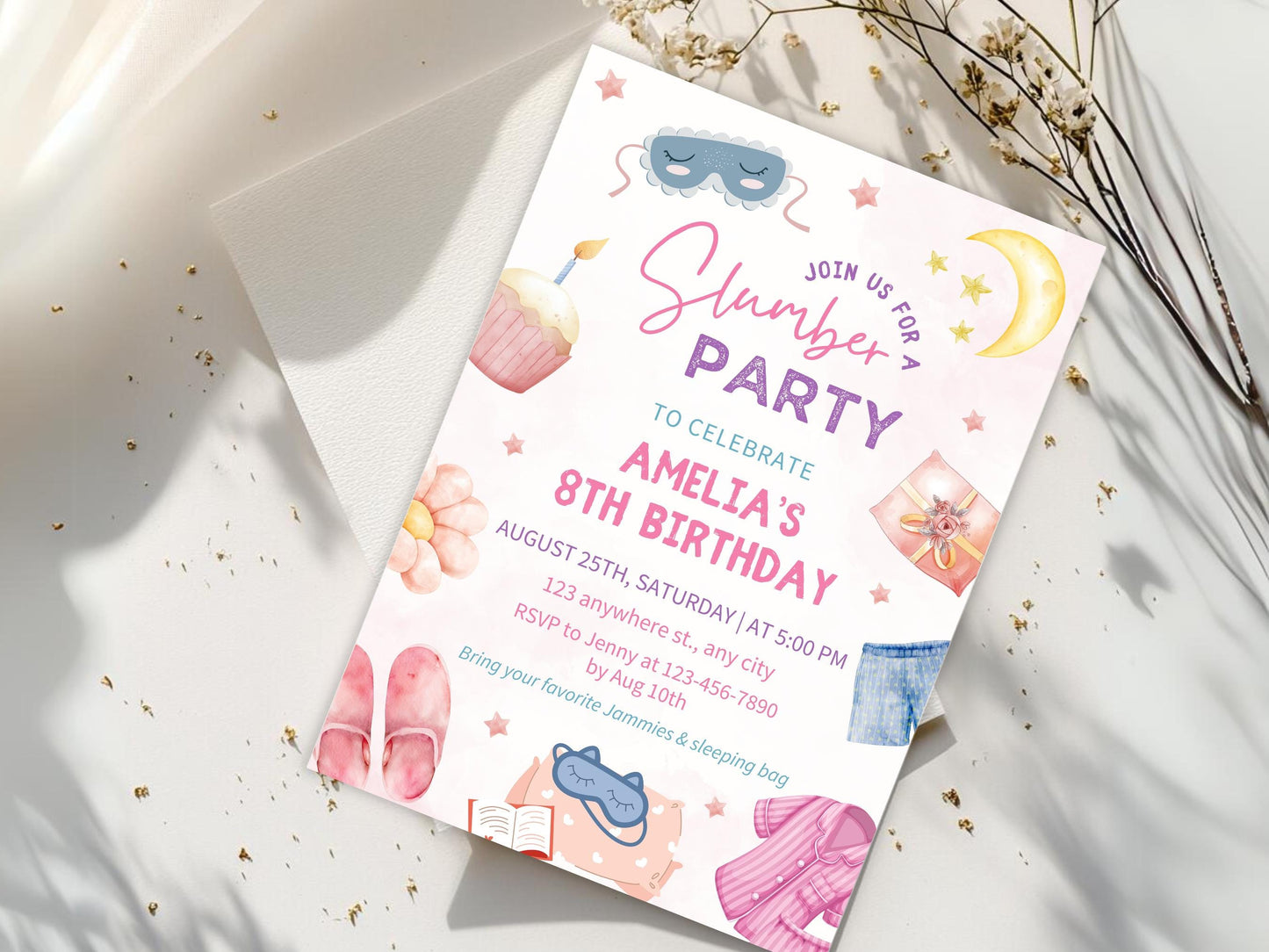 Slumber Party Invitation: Pink Spa Birthday, Tween Sleepover (Digital Download)
