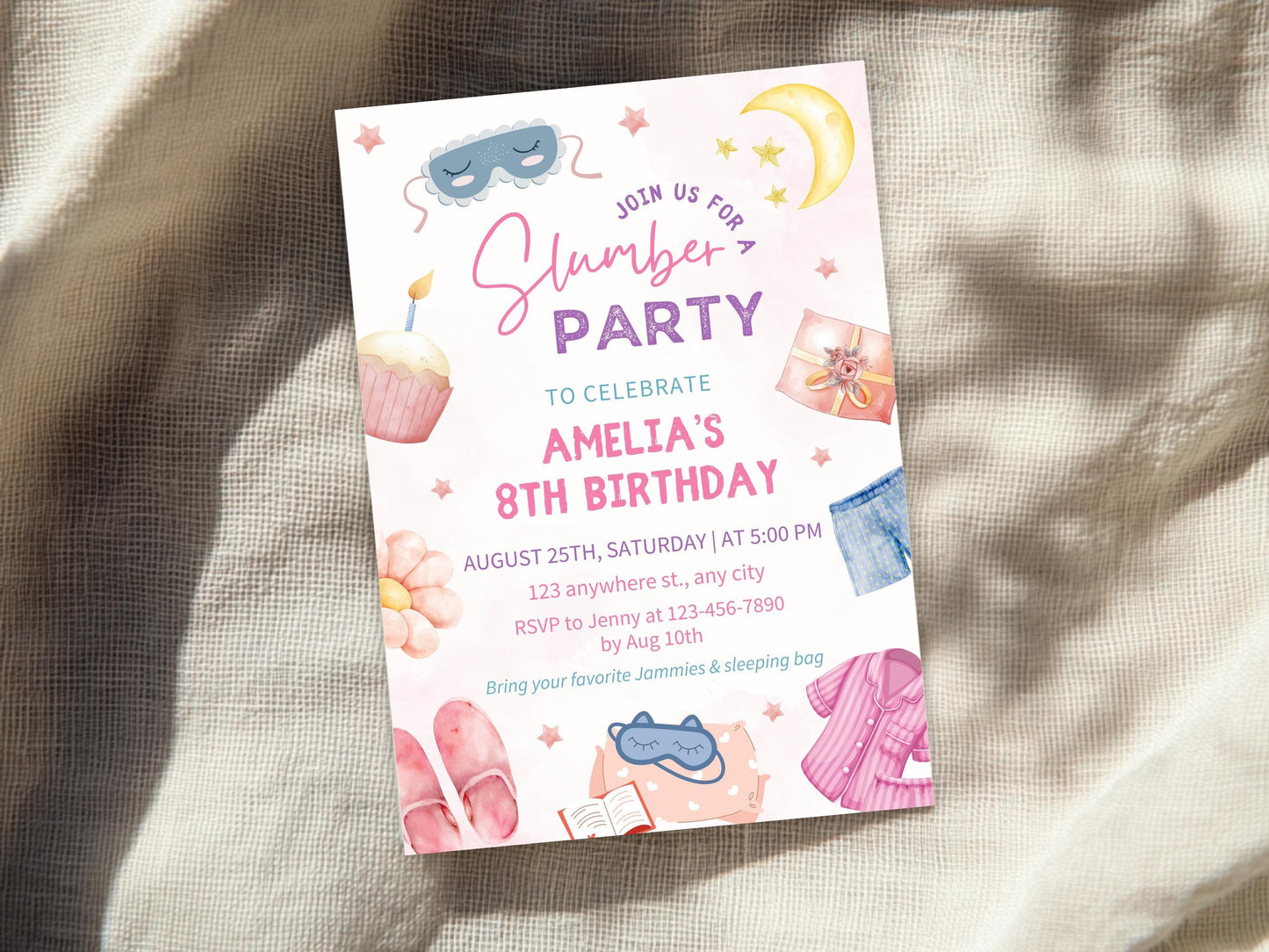 Slumber Party Invitation: Pink Spa Birthday, Tween Sleepover (Digital Download)