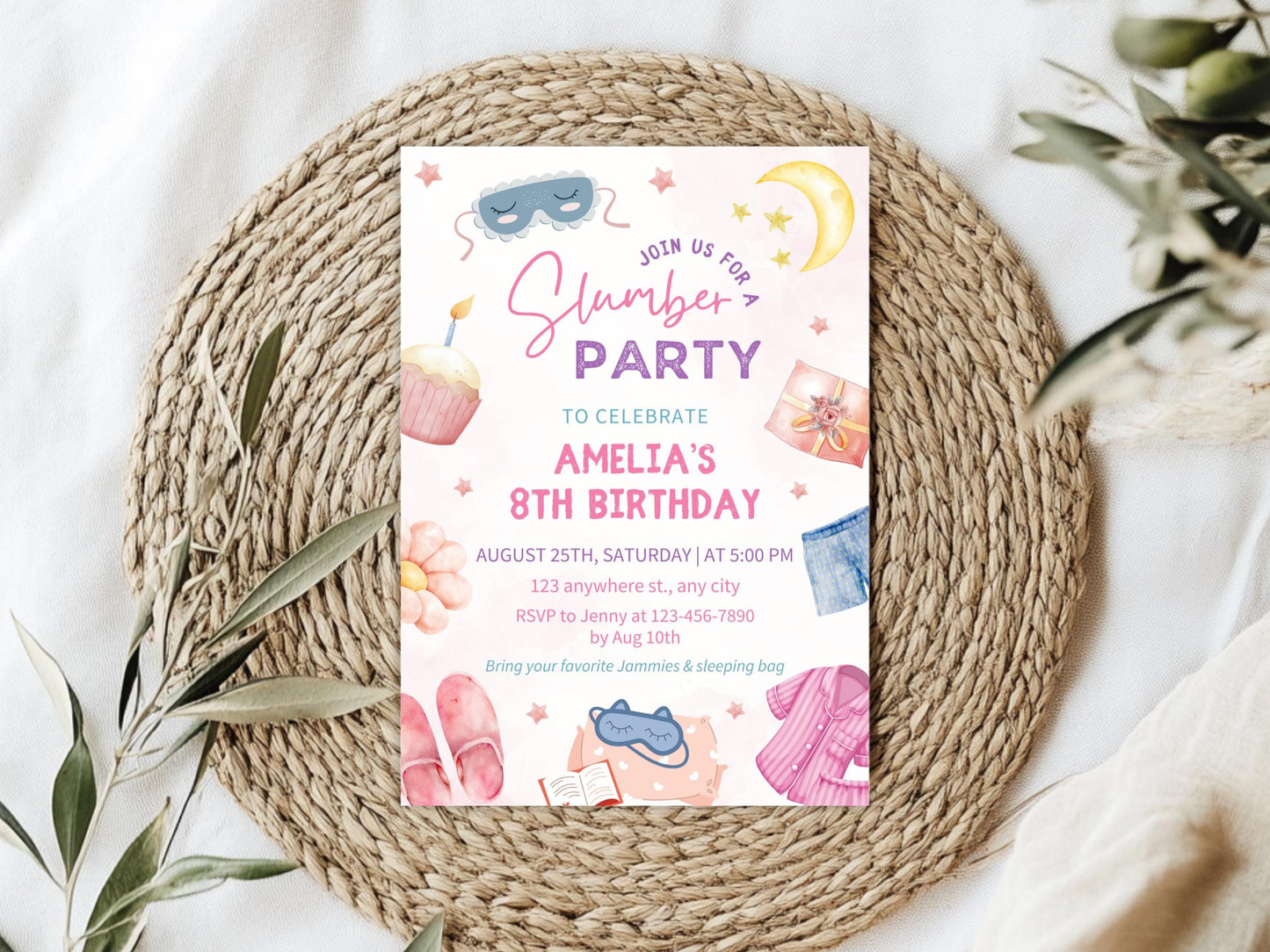 Slumber Party Invitation: Pink Spa Birthday, Tween Sleepover (Digital Download)