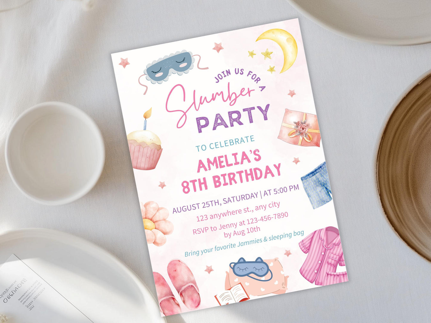 Slumber Party Invitation: Pink Spa Birthday, Tween Sleepover (Digital Download)