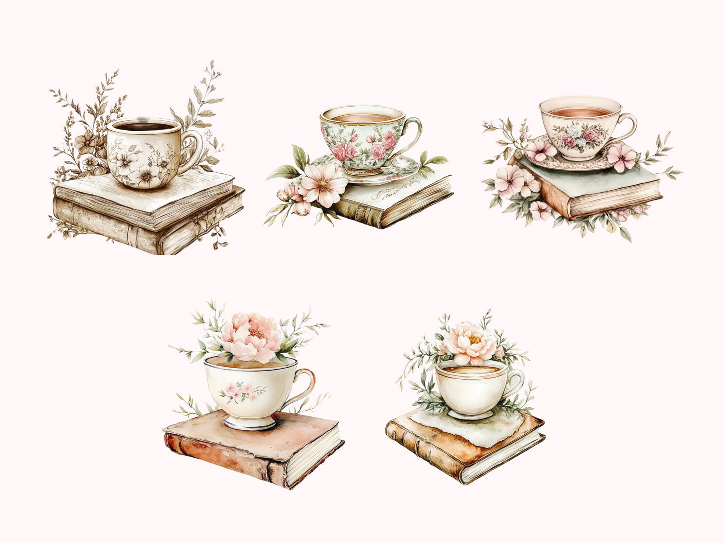 Floral Coffee Cup Clipart png, Coffee And Book Clipart png Bundle, Watercolor Floral Book Clipart, Floral Cup Clipart, Book Clipart