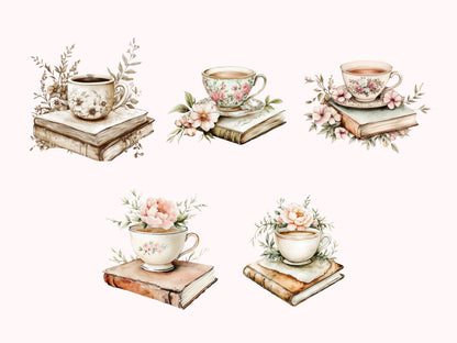 Floral Coffee Cup Clipart png, Coffee And Book Clipart png Bundle, Watercolor Floral Book Clipart, Floral Cup Clipart, Book Clipart