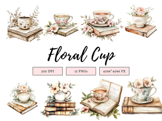 Floral Coffee Cup Clipart png, Coffee And Book Clipart png Bundle, Watercolor Floral Book Clipart, Floral Cup Clipart, Book Clipart