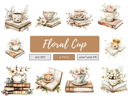 Floral Coffee Cup Clipart png, Coffee And Book Clipart png Bundle, Watercolor Floral Book Clipart, Floral Cup Clipart, Book Clipart