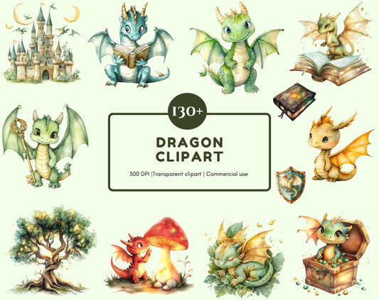 Watercolor Dragon Clipart Bundle, Fairy Tale Dragons (PNG)