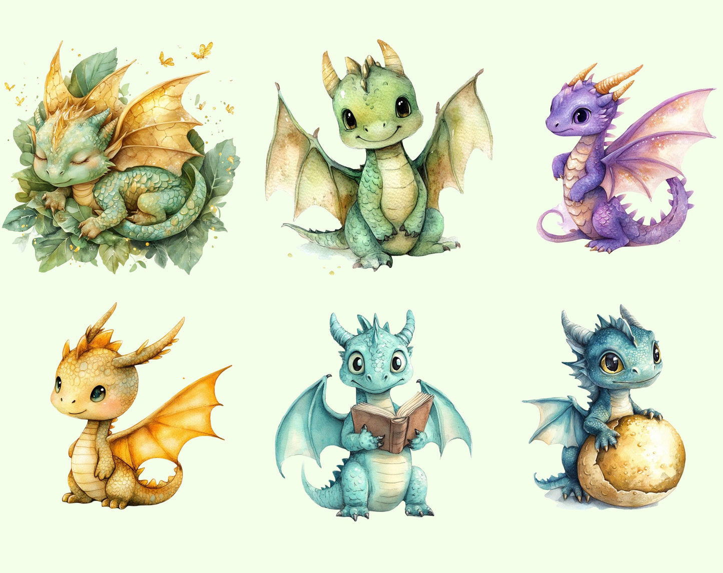 Watercolor Dragon Clipart Bundle, Fairy Tale Dragons (PNG)