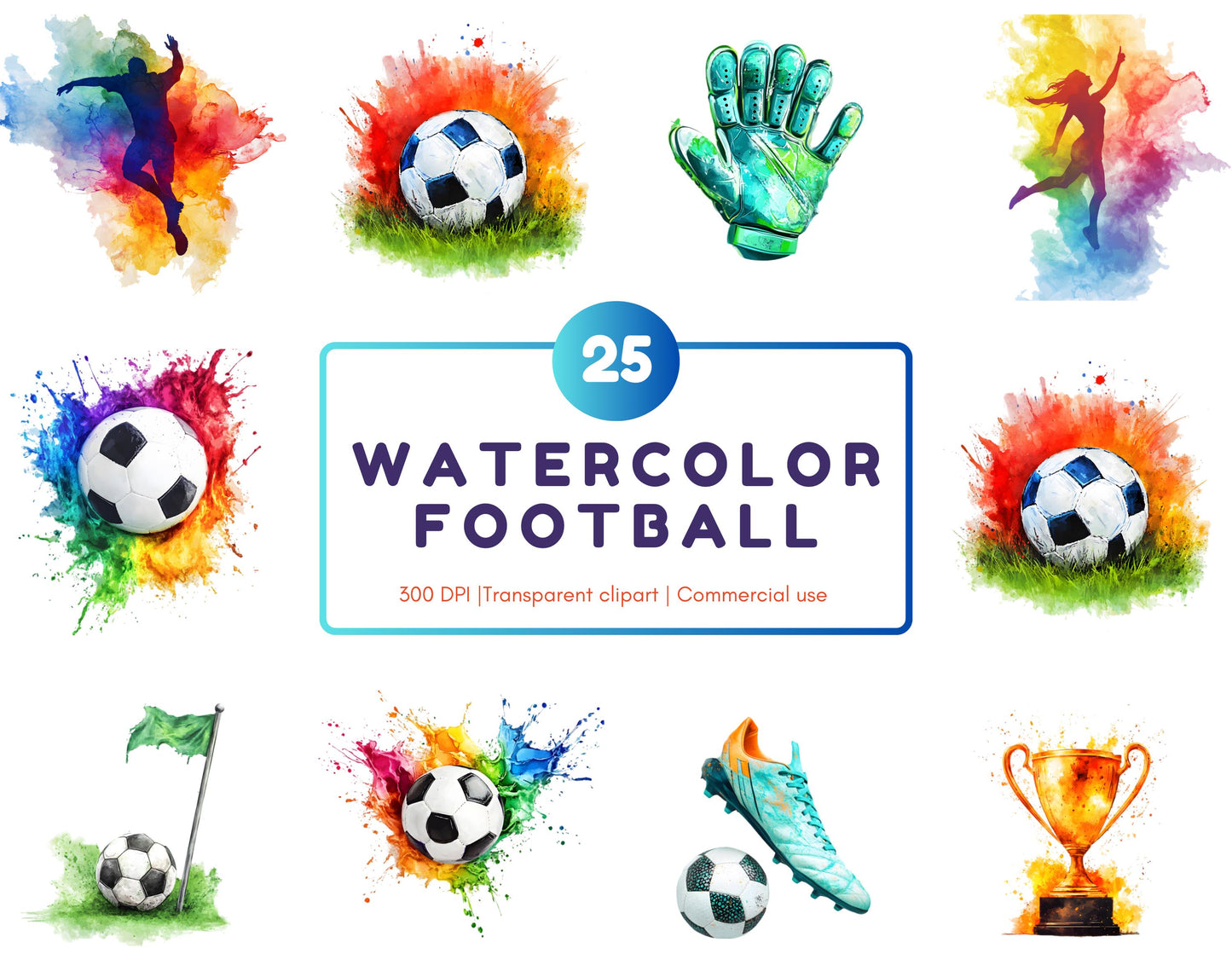Watercolor Football Clipart Bundle, High Resolution PNG (Digital Download)