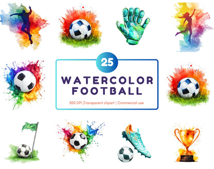 Watercolor Football Clipart Bundle, High Resolution PNG (Digital Download)