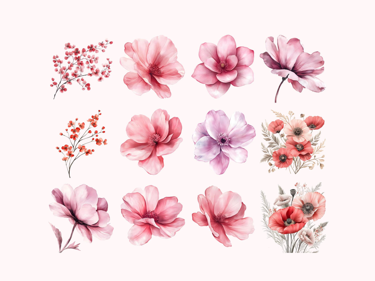 Clipart-Bundle mit rosafarbenen Blumen (PNG), Aquarell-Blumen-Clipart-Bundle, Blumen-Clipart, Blumen-PNG, Blumenstrauß, Hochzeitsblumen-Clipart (PNG)
