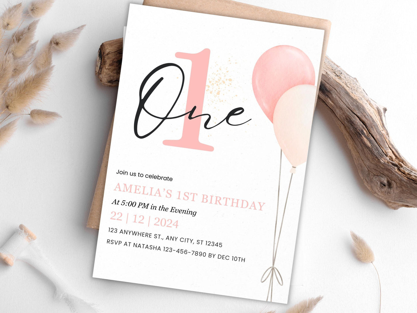 Minimalistische Einladung zum 1. Geburtstag: Rosafarbene Luftballons, bearbeitbare Vorlage (PDF)