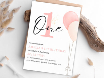 Minimalistische Einladung zum 1. Geburtstag: Rosafarbene Luftballons, bearbeitbare Vorlage (PDF)