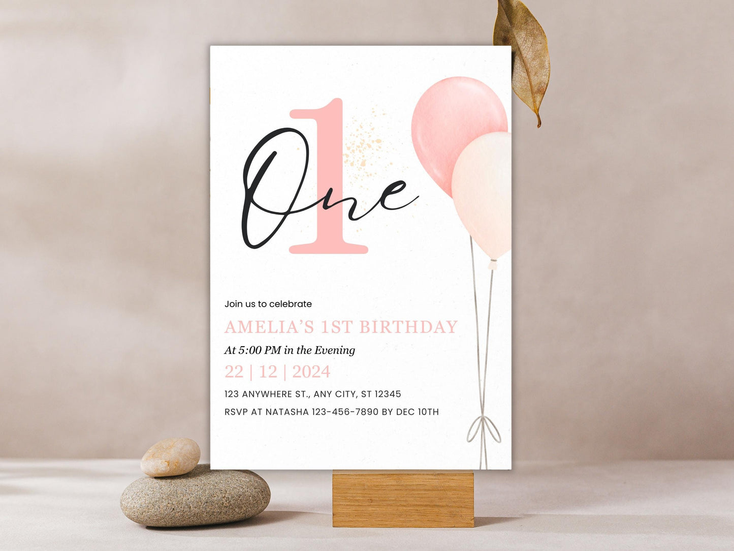 Minimalistische Einladung zum 1. Geburtstag: Rosafarbene Luftballons, bearbeitbare Vorlage (PDF)